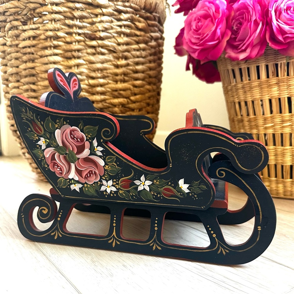 Hand painted Joann Devore sleigh holiday box basket gift Christmas roses